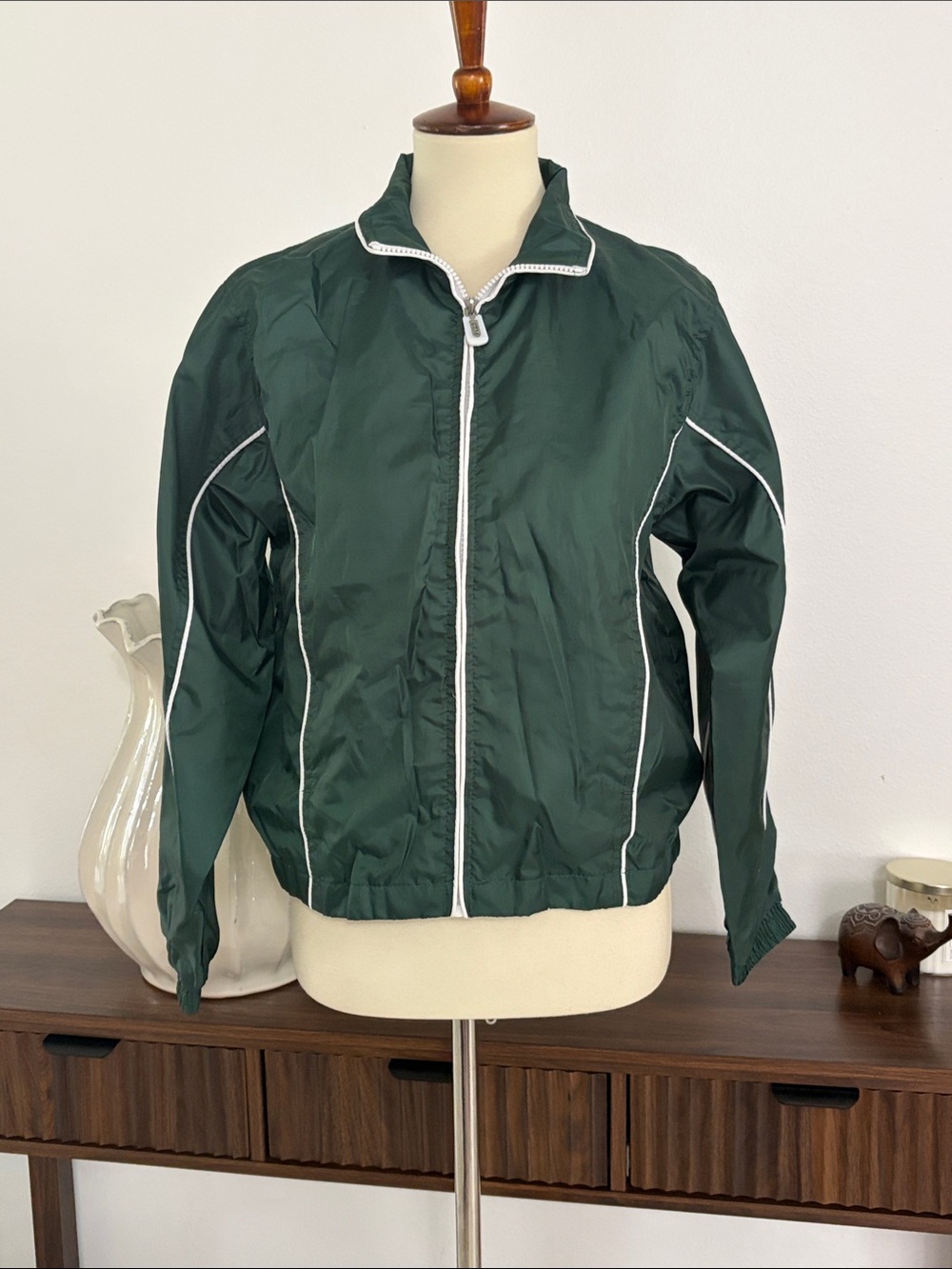 NWOT Forest Green Zip-Front Rain Jacket with White Trim
